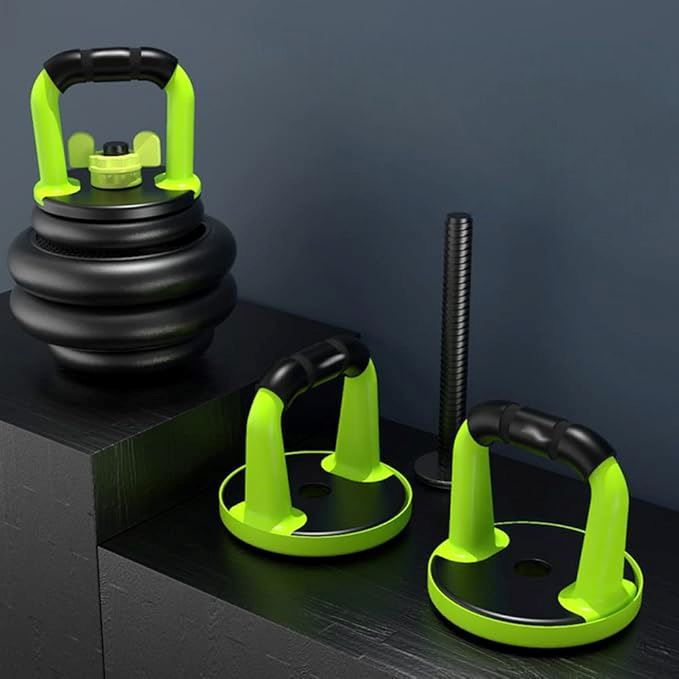Un accessoire d’entraînement avec une base circulaire noire, plusieurs disques empilables et une poignée ergonomique. La barre filetée au centre permet d’ajuster facilement la charge en fonction des besoins. L’objet repose sur un support foncé avec un arr
