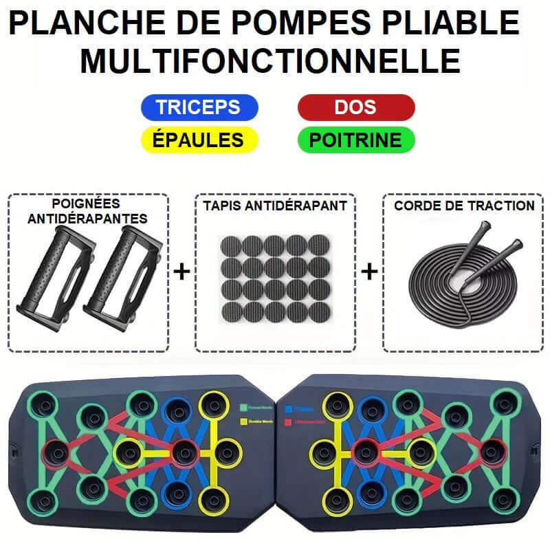Un dispositif pliant de couleur noire avec des poignées amovibles permettant de varier les positions en fonction des zones travaillées. Un code couleur guide l’utilisateur dans le placement pour optimiser les mouvements et travailler différents groupes mu