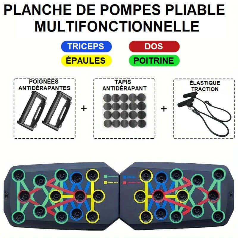 Une surface de travail pliable de couleur noire, équipée de poignées amovibles et d’un système de guidage à trous et à couleurs pour choisir les bonnes positions et varier les exercices. Un revêtement antidérapant offre une bonne stabilité. Un accessoire